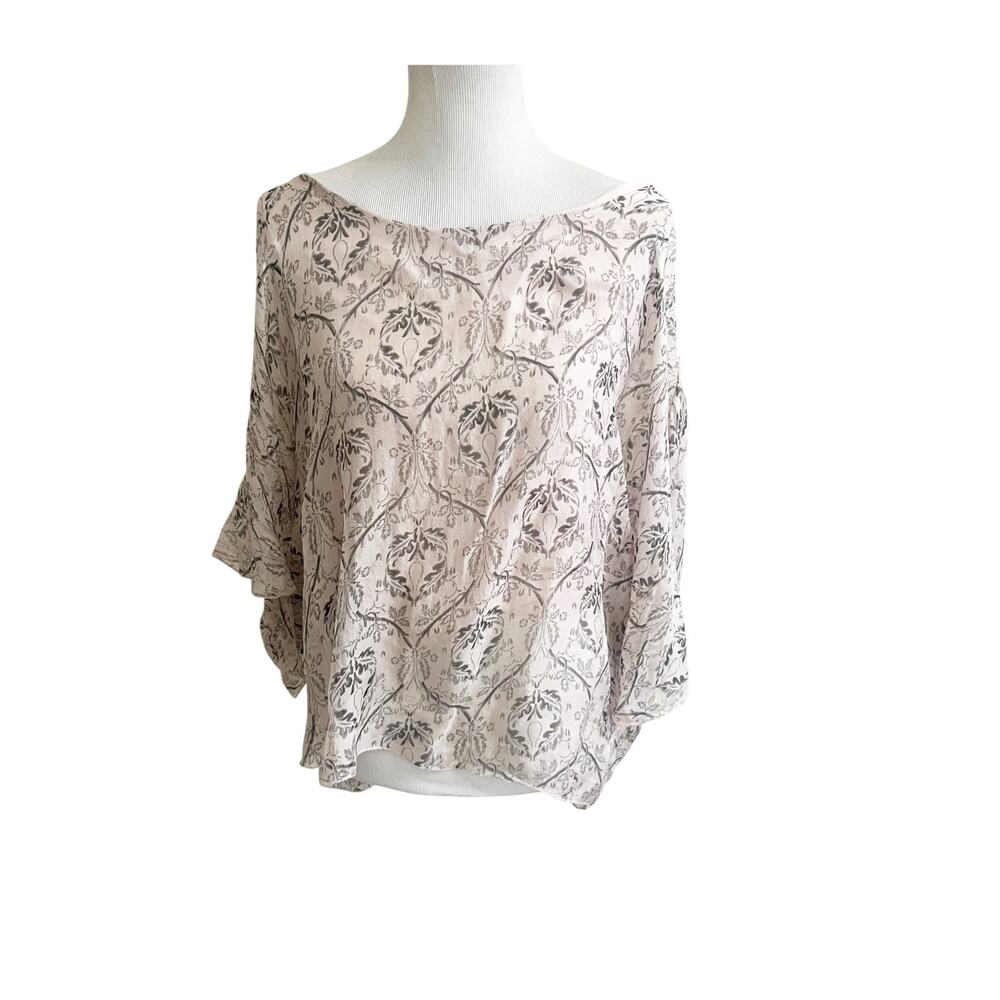 Piazza Roma Blouse Top Womens M Cream Floral Long Sleeve Boat Neck Quiet Luxury